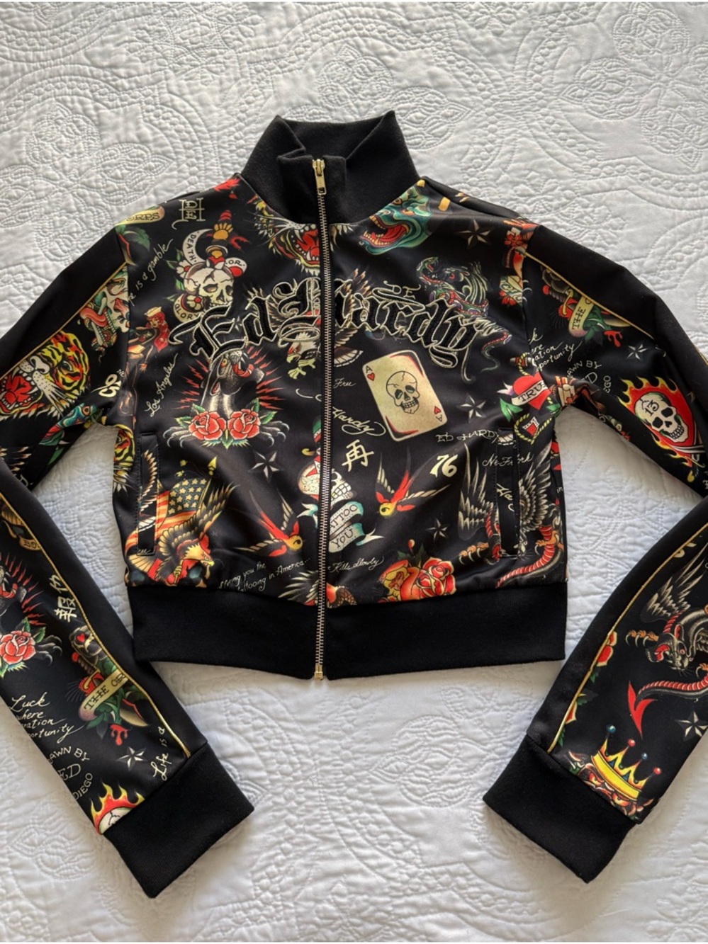 Ed Hardy Black Tattoo-Print Bomber Jacket with Gold Accents